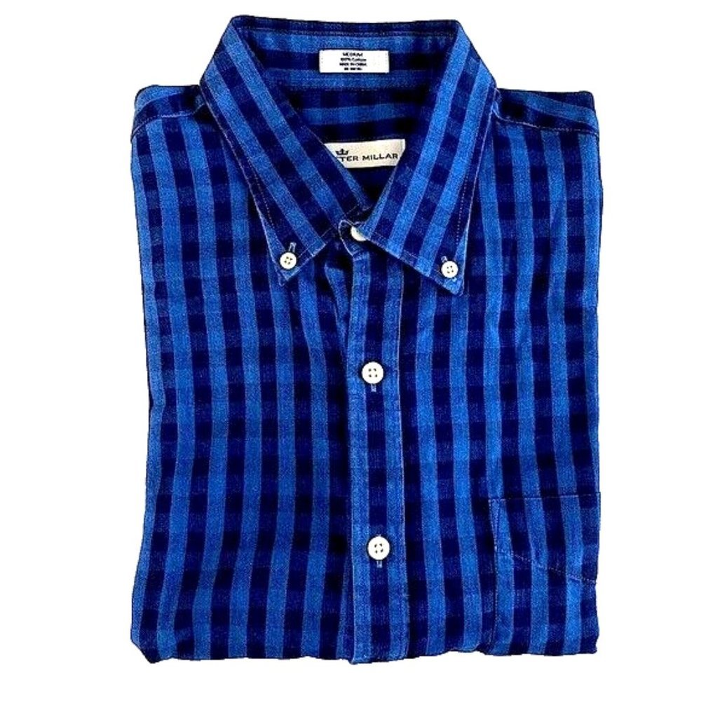 Peter Millar Mens' M Blue Plaid‎ Button Down 100% Cotton Shirt Long Sleeves